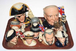 Ten Royal Doulton character jugs including large Winston Churchill and Vice Admiral Lord Nelson.