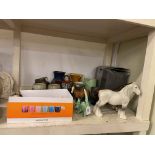 Two Beswick horses, Sylvac cat, jugs, corkscrews, etc.