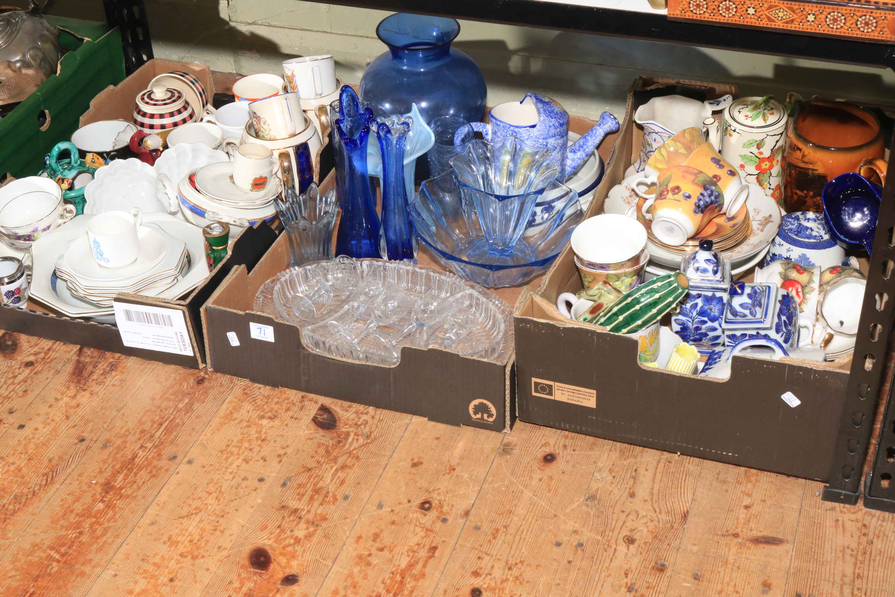 Twelve boxes of decorative porcelain, part tea sets, glass, metalwares, etc. - Image 4 of 5