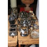 Collection of silver plated wares including tea set, cocktail shaker, biscuit jar, etc.