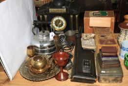 Victorian slate mantel clock, cased carving set, mangle, tins, metalwares, etc.