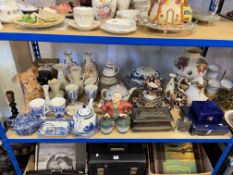 Three Belleek vases, Sylvac dog 1380, Ringtons china, teaware, Crawfords biscuit tin, china, etc.