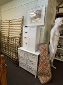 Contemporary white and basket weave seven drawer chest, white bathroom cabinet,