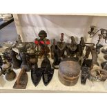 Collection of flat irons, pewter ware, pair of silver plate candelabra, Eastern jugs, etc.