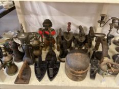 Collection of flat irons, pewter ware, pair of silver plate candelabra, Eastern jugs, etc.
