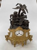 Ornate gilt metal and spelter huntsman mantel clock, 48cm high.