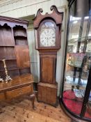 Antique oak and mahogany eight day longcase clock having painted arched dial, signed Francis Walker,