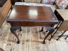 Mahogany Chippendale style fold top card table on ball and claw legs, 77cm by 66cm by 41cm (closed).