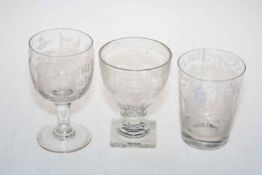 Three large 19th Century engraved glasses comprising beaker engraved with miner and two goblets,