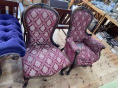 Victorian style ladies and gents chairs with serpentine front seats.