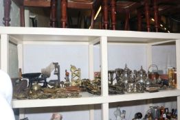 Collection of brass including horsebrasses and martingales, silver plate including tea set and tray,