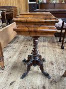 Victorian walnut teapoy/sewing box on spiral twist pedestal base, 77cm by 41cm by 35cm.