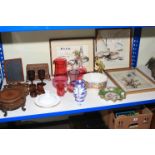 Collection of treen, silk pictures, ruby glass, porcelain, etc.