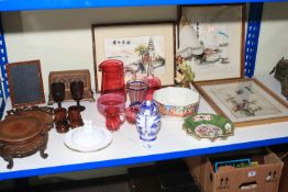 Collection of treen, silk pictures, ruby glass, porcelain, etc.
