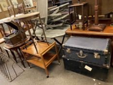 Danish teak two tier dinner wagon, two occasional tables and two trunks (5).