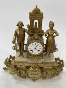 Ornate gilt metal mantel clock depicting Continental scene, 41cm high.