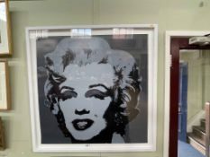 After Andy Warhol, monochrome portrait of Marilyn Monroe, 90cm by 90cm, framed.