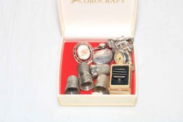 Collection of small silver including Charles Horner thimbles, bracelet watch and ring.