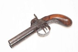 19th Century double barreled percussion pistol, 20cm length.