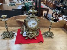 Three piece Gilt metal clock garniture set with enamel dial, clock 37cm high.