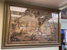 Large framed tapestry depicting male and female figures, a day out in the country,