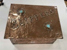 Arts and Crafts copper slipper box, 23cm high.