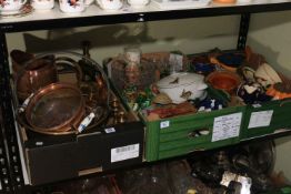 Three boxes of brass and copper metalwares, Oriental wares, glass, Victorian porcelain, etc.