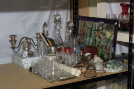 Leaded glass panel, assorted glass including three decanters, silver plate, etc.