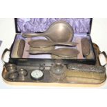 Cased silver brush set, Birmingham 1924, silver topped scent bottle, gents silver watch,