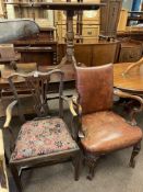 Studded hide open armchair on ball and claw legs, Georgian mahogany carver chair,