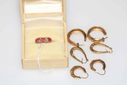 Gold ruby and diamond ring, size M, together with 9 carat gold earrings.
