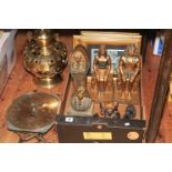 Ornate brass 'jewelled' vessel, Salter spring scale and box of Egyptian memorabilia.
