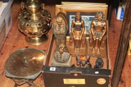 Ornate brass 'jewelled' vessel, Salter spring scale and box of Egyptian memorabilia.