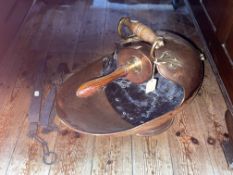 Victorian copper and brass coal scuttle with shovel and vintage animal traps