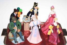 Four Doulton figures including The Captain and two Coalport ladies.