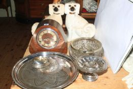 Large Victorian EPBM tray, other plated wares, striking mantel clock and pair of Staffordshire dogs.