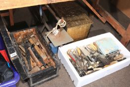 Toolbox and tools, assorted cutlery, brass box and fret saw.