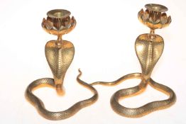 Pair brass cobra candlesticks, 22cm.