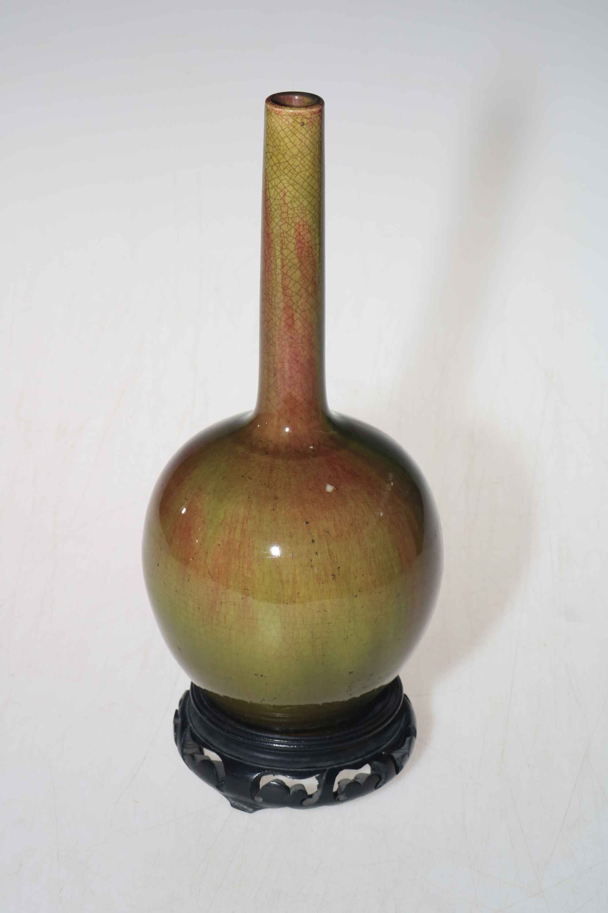 Chinese slender neck green/brown glazed vase, 21.5cm, with stand. - Image 2 of 2