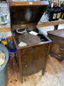 Excelsior oak cabinet gramophone and twenty records inc William Tell, Silent Night, Trains,