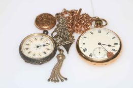 9 carat gold gents keyless pocket watch with 9 carat gold Albert and gold plated locket,