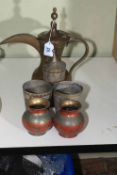 Collection of Eastern metalwares including jug, beakers, vases, etc.