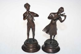Pair bronze boy and girl musician figures, 23.5cm.