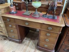 Victorian mahogany nine drawer pedestal desk having raised back with four small drawers and