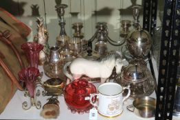 Pair of silver plated candlesticks, candelabra and silver plated ware, epergne,