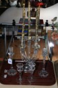 Nachtmann crystal candelabrum and pair candlesticks, and Stuart candlesticks.