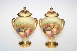 Pair Aynsley Orchard Gold, R Jones, fruit two handle vases and covers, 22cm.