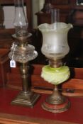 Two Victorian brass based oil lamps, one with shade.