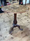 Victorian oval inlaid walnut snap top occasional table on triform base, 71cm by 42cm by 60cm.