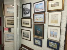 Collection of fourteen various paintings and prints including John Degnan watercolour of Bamburgh,